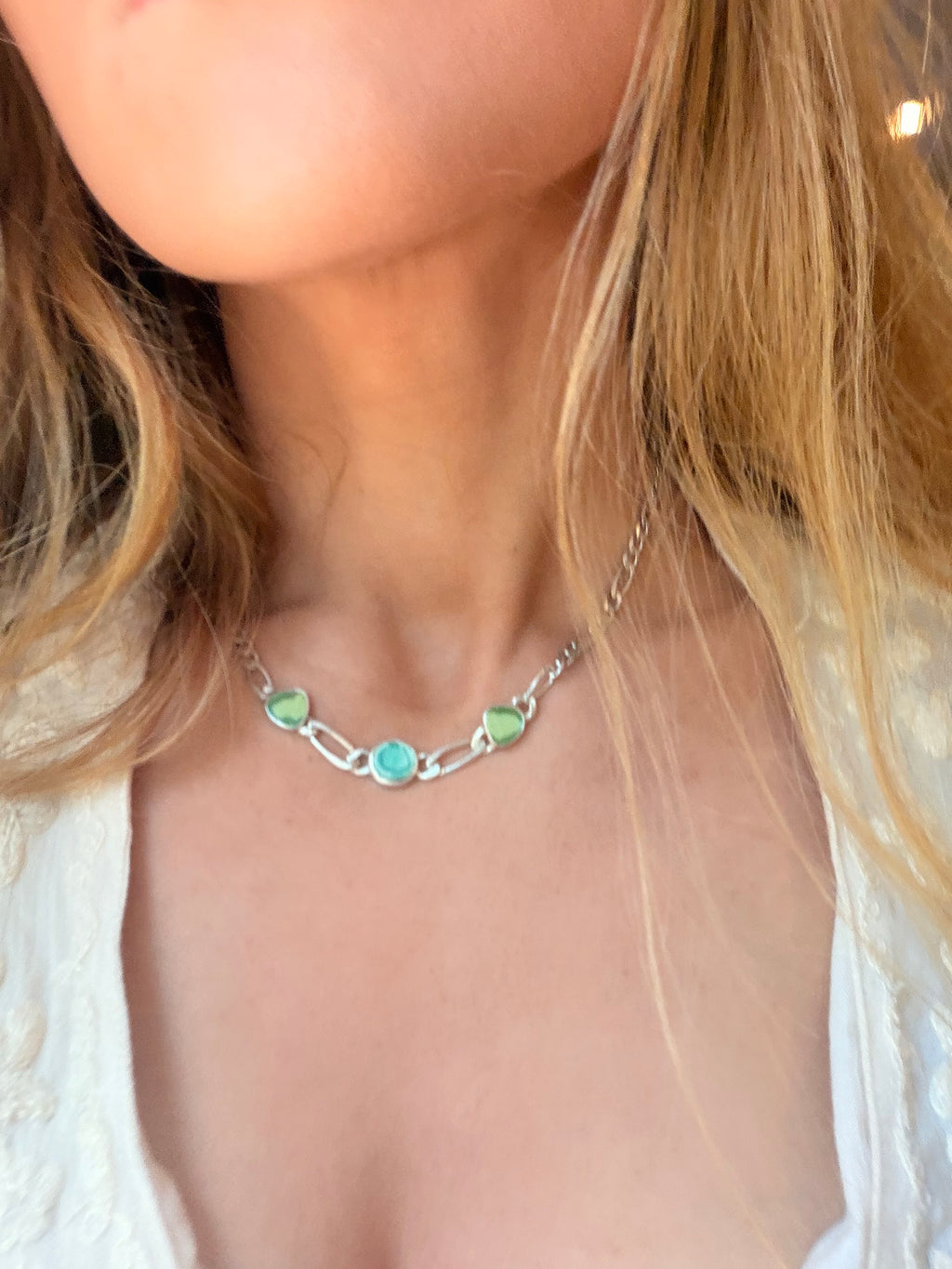 Tripple turquoise slice gem linked chain - Jane Sydney Studio
