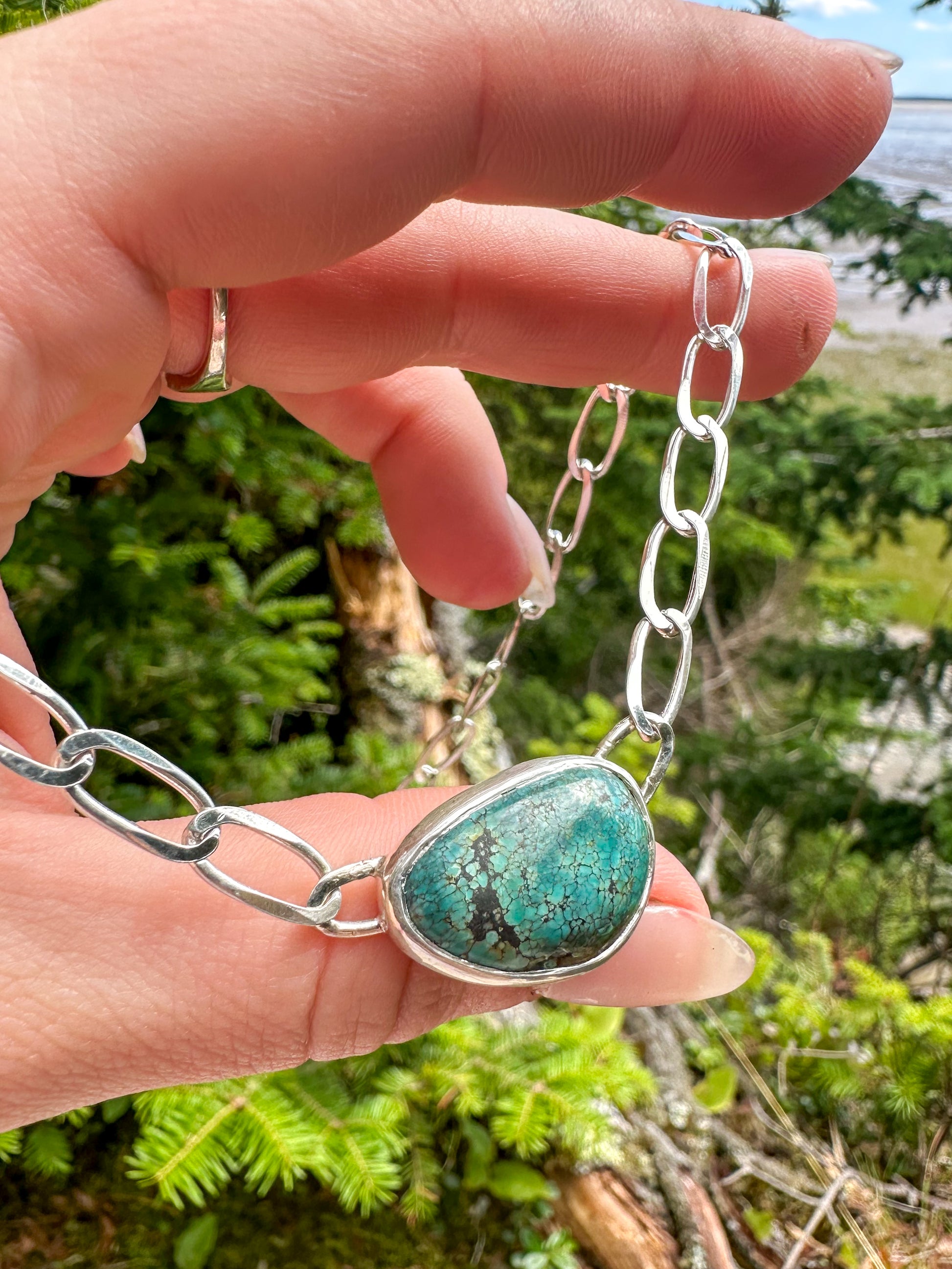 Cloud Mountain Turquoise- elongated curb chain linked necklace - Jane Sydney Studio