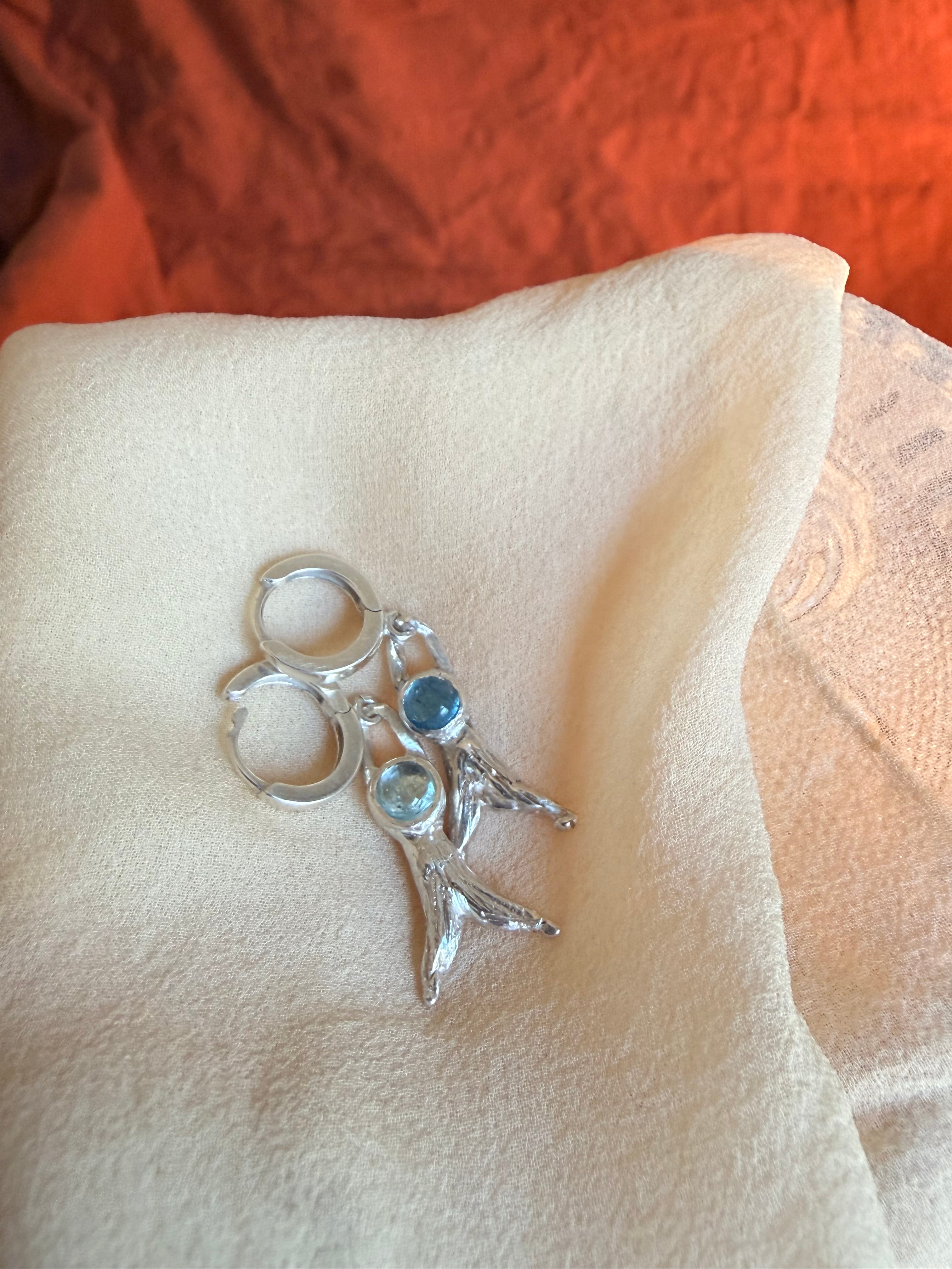 Mermaid Tail Huggie Hoop Aquamarine Dangles - Jane Sydney Studio