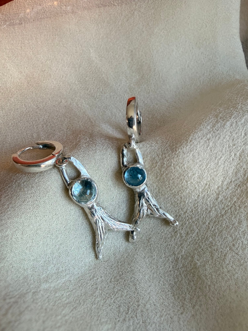 Mermaid Tail Huggie Hoop Aquamarine Dangles - Jane Sydney Studio