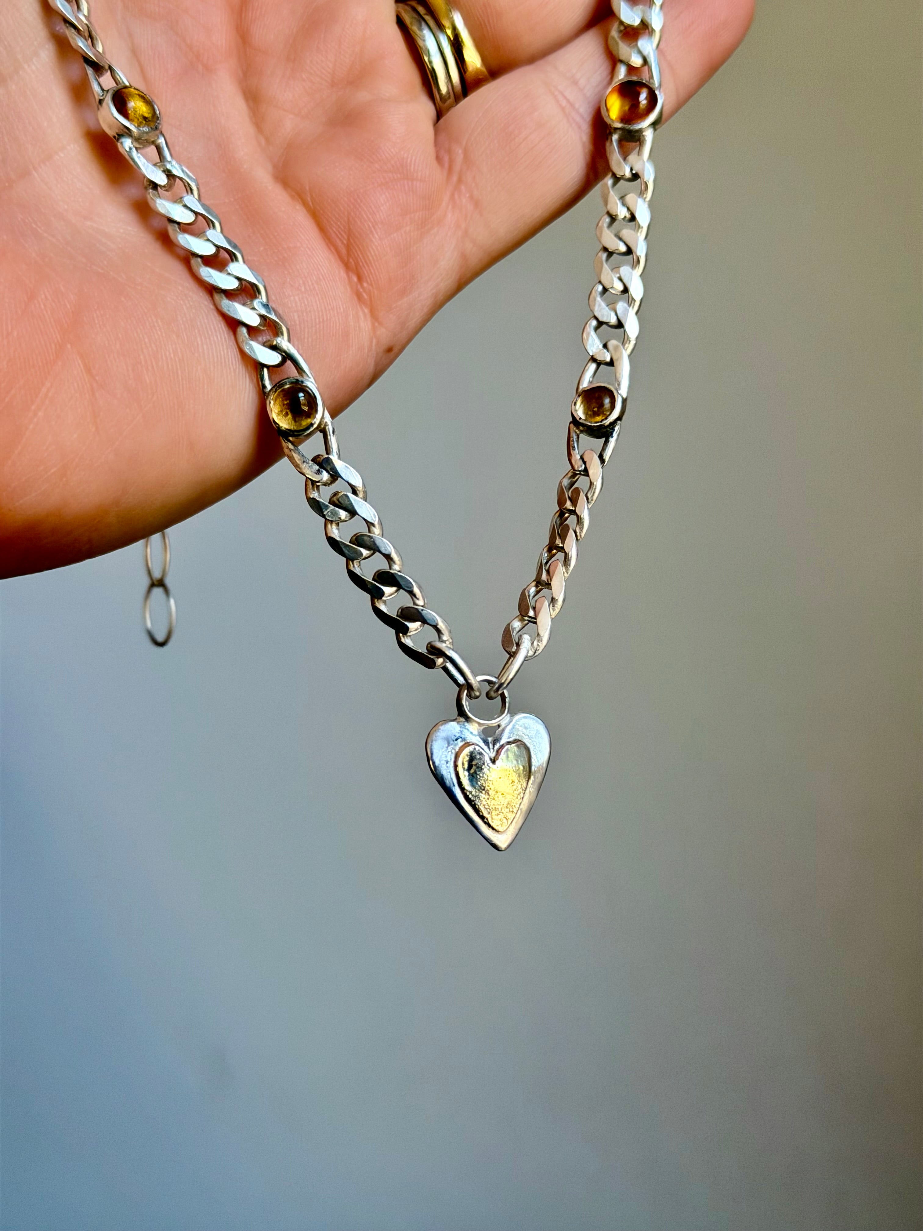 Silver & 10k heart citrine linked curb chain - Jane Sydney Studio