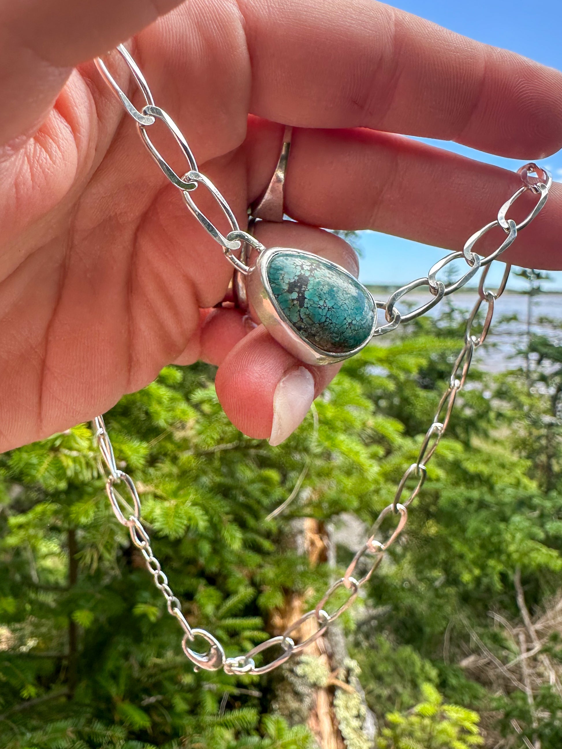 Cloud Mountain Turquoise- elongated curb chain linked necklace - Jane Sydney Studio