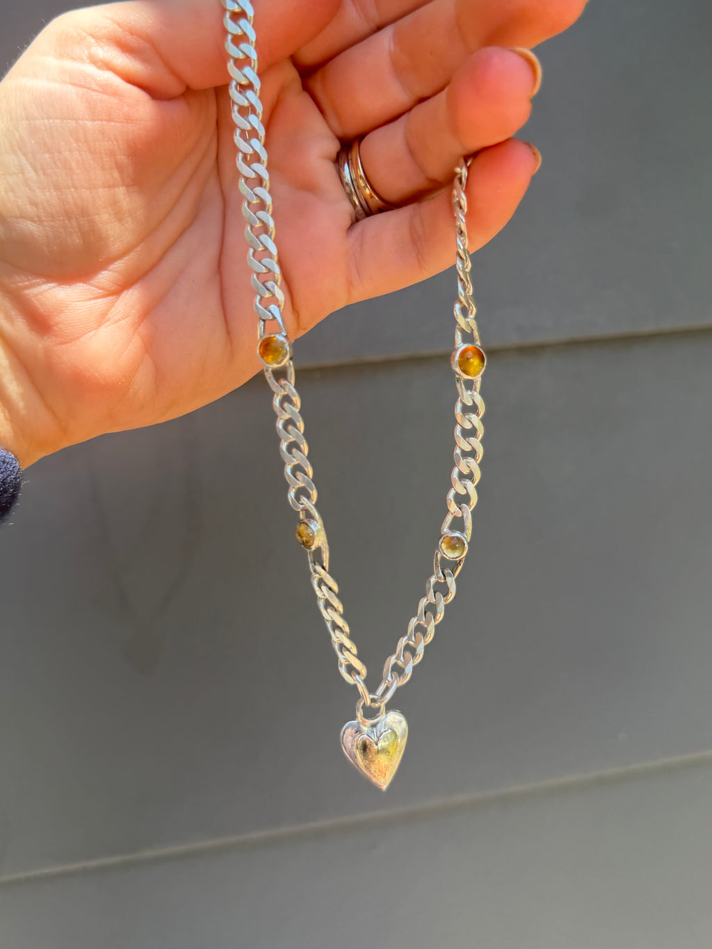 Silver & 10k heart citrine linked curb chain - Jane Sydney Studio