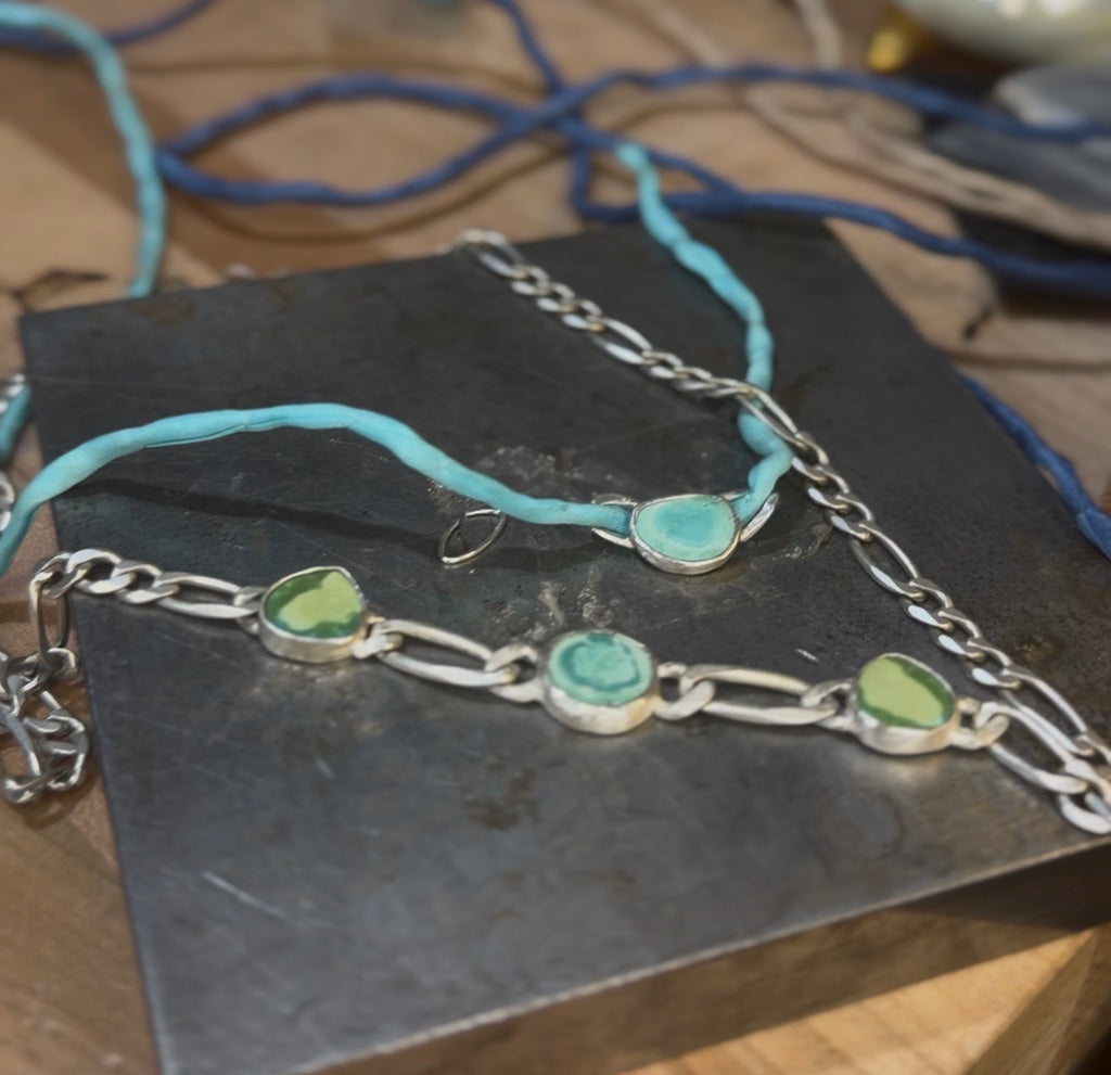 Turquoise link on Silk line with silver hook - Jane Sydney Studio